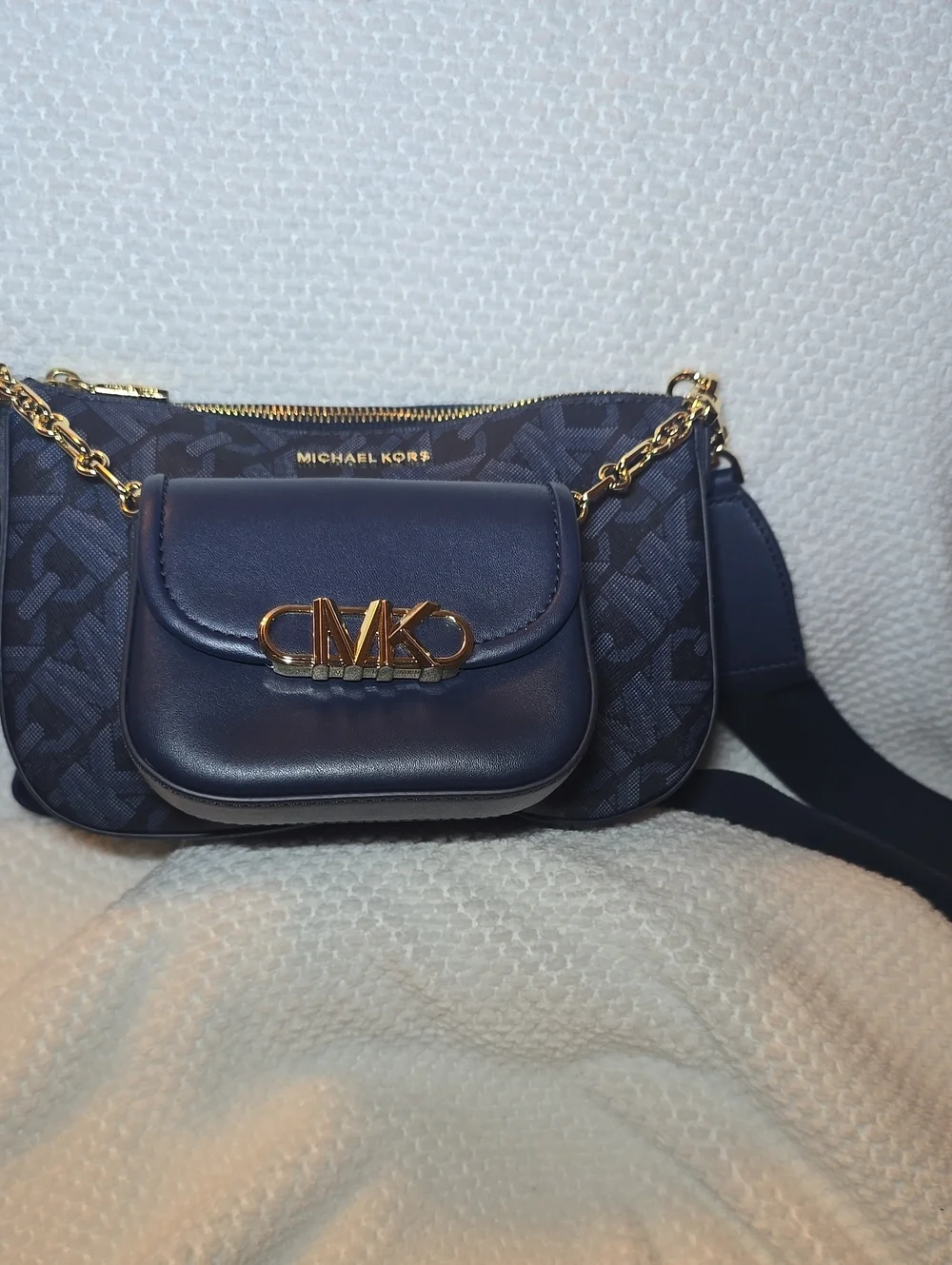 Michael Kors Navy Logo Crossbody with Gold Chain